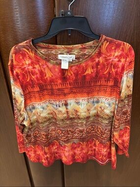 Coldwater Creek Red & Orange Multi-Pattern Long Sleeve Top